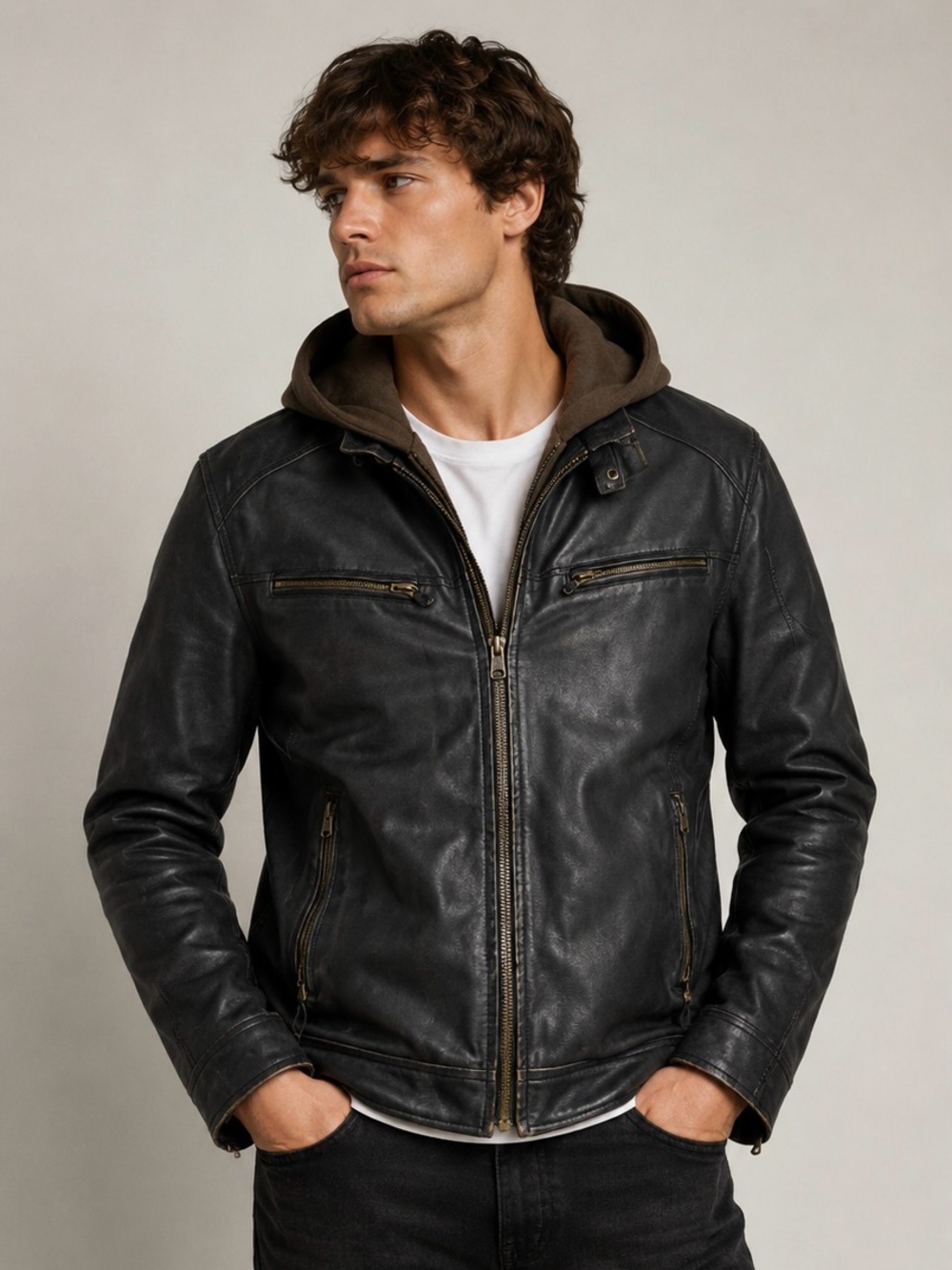 Vintage GUESS brown faux Leather Jacket Brown Hood Zip up quilted Men’s XL